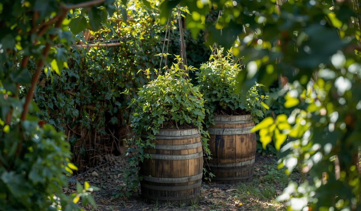 wine barrels in diy landscape backyard